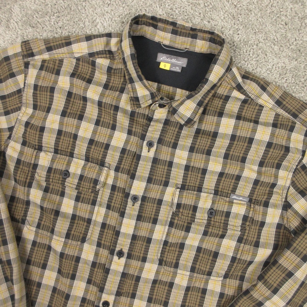 Eddie Bauer Shirt Mens XL Green Plaid Travex Performance Flannel Work Button Up